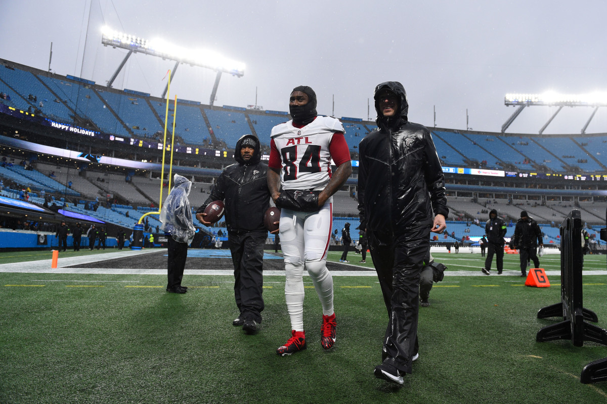 Dec 17, 2023; Charlotte, North Carolina, USA; Atlanta Falcons running back Cordarrelle Patterson (84) comes off the field before the game at Bank of America Stadium. 